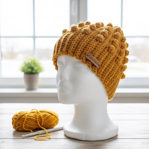 May include: Mustard yellow crochet beanie with a textured bobble stitch design. The hat is displayed on a white mannequin head. A small brown tag reads "Handmade". A ball of yellow yarn and a crochet hook are in the foreground.
