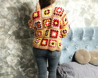 Crochet sweater pattern/Cozy Granny Squares Sweater: A Crochet Pattern/Colorful Crochet Granny Square Sweater Pattern