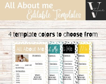 May include: Four printable "All About Me" templates in different colors: beige with brown, teal with white, black with white, and yellow with black. Each template has a space for a photo, name, age, birthday, favorite things, and what they want to be when they grow up.