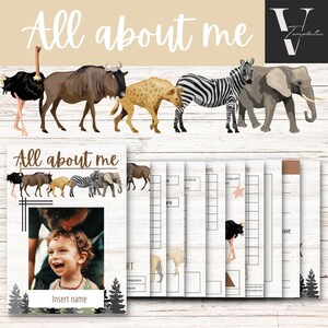 May include: A printable "All About Me" activity booklet with a jungle animal theme. The booklet includes a photo space, a "My Favourites" section, and a "My Story" section. The cover features a colourful illustration of a zebra, elephant, ostrich, hyena, and wildebeest.