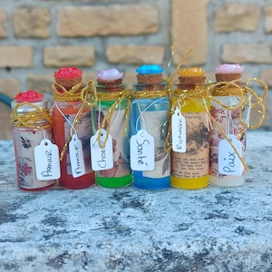 Peut inclure: Six flacons en verre remplis de liquides colorés, surmontés d'un bouchon en liège et d'une petite fleur. Les bouteilles présentent des étiquettes vintage, de la ficelle dorée et des étiquettes blanches avec les mots Amour, Chance, Santé, Richesse et Paix.
