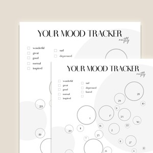 May include: A printable mood tracker with a checklist of emotions and a circular chart with numbered circles. The text "Your Mood Tracker" appears at the top of the page.