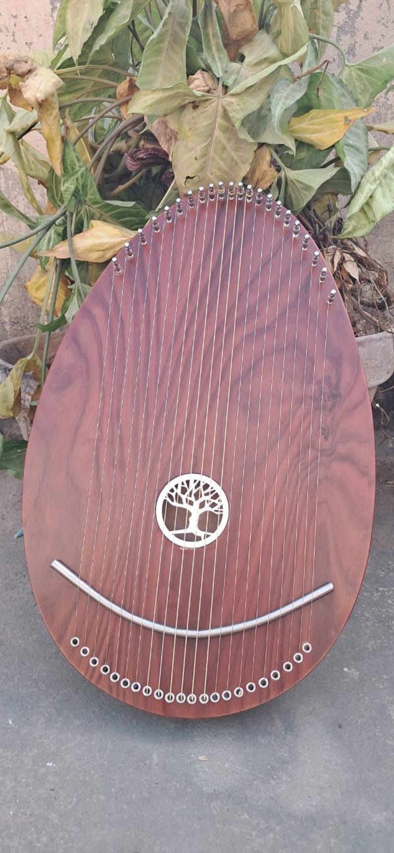 May include: A wooden musical instrument with a teardrop shape. The instrument has many strings and a decorative tree design in the centre. The body is a reddish-brown colour, and the strings are silver.