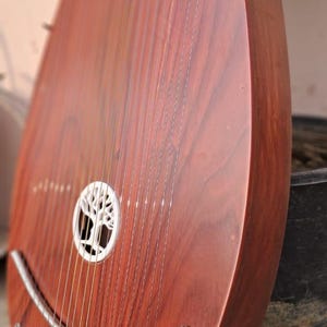 May include: A wooden instrument with a teardrop shape, featuring numerous strings and a sound hole with a tree design. The instrument has a rich, reddish-brown finish and a curved metal piece at the bottom.