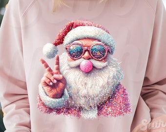 Glitter Santa Christmas Blowing Bubble PNG, Sparkly Retro Christmas PNG, Funny Santa With Sunglasses, Xmas Holiday Sequin Sublimation Design