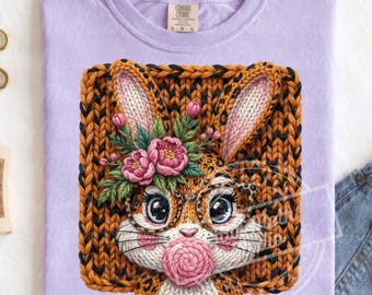 Faux Yarn Bunny PNG, Trendy Leopard Easter Design, Spring Patchwork PNG, Latch Hook Embroidery Style