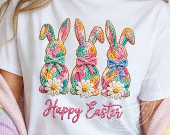 Faux Yarn Happy Easter Bunnies PNG, Trendy Daisy Bunny Design, Spring Embroidery Style PNG
