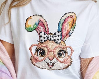 Faux Embroidery Easter Bunny PNG, Trendy Sunglasses Design, Spring PNG, Latch Hook Embroidered Style
