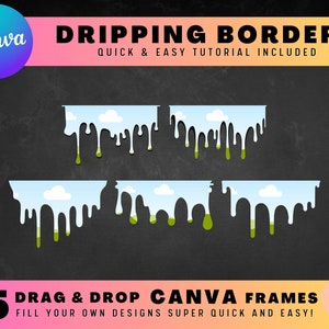 May include: 15 Canva frames with a dripping border design. The frames feature a blue sky with white clouds and green grass. The text "DRAG & DROP CANVA FRAMES" and "FILL YOUR OWN DESIGNS SUPER QUICK AND EASY!" is included in the image.