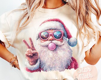 Glitter Santa Christmas Blowing Bubble PNG, Sparkly Retro Christmas PNG, Funny Santa With Sunglasses, Xmas Holiday Sequin Sublimation Design