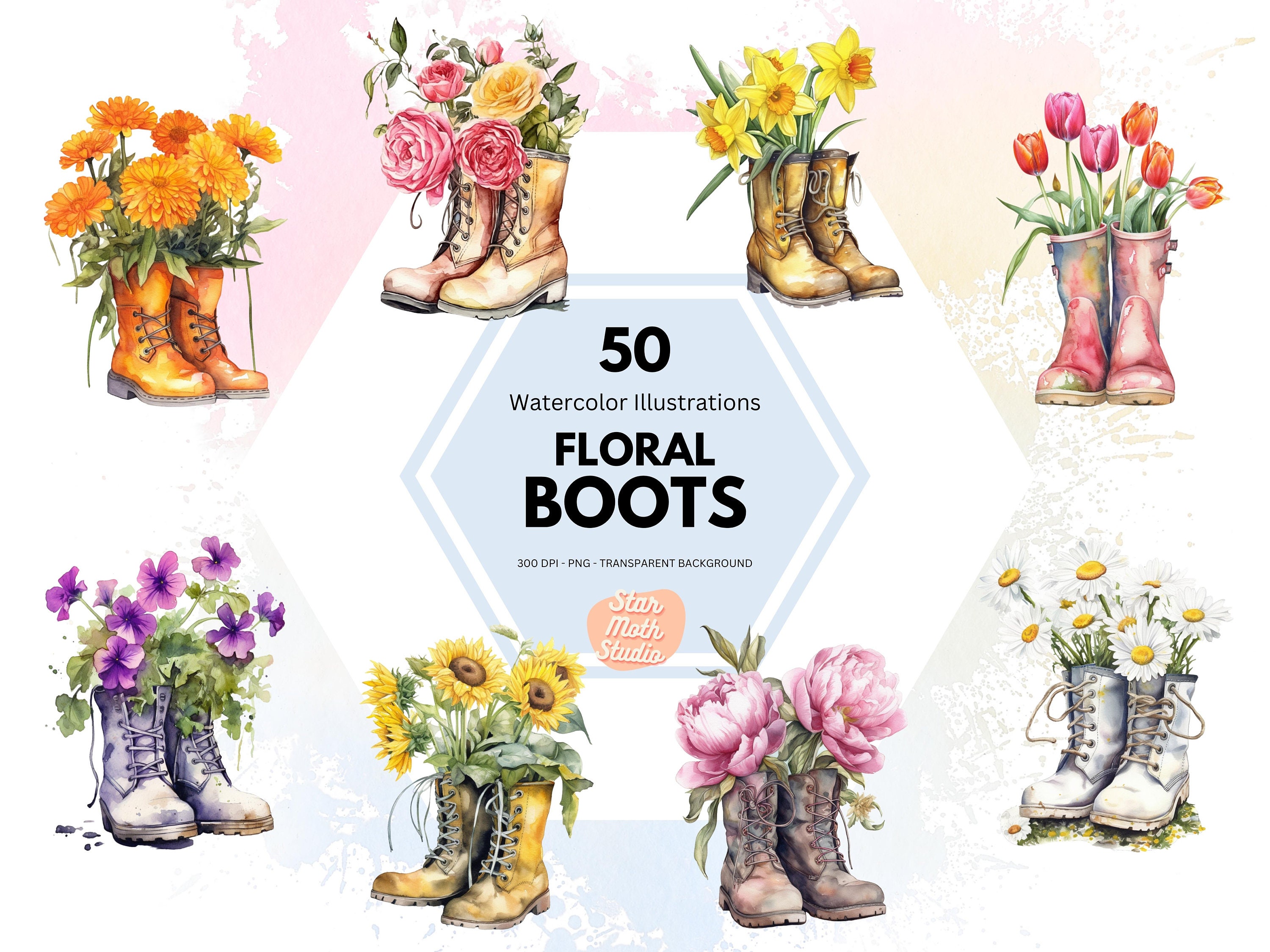 Floral Garden Boots, Set of 50 Transparent PNG Files, Watercolor Illustrations, Digital Download, For Cardmaking, Digital Paper Crafts
