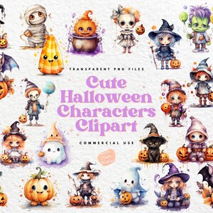 Watercolor Halloween Cute Ghost Vampire Bat Witch Clipart Bundle of 25, Transparent Background Digital Download PNG Graphics, Commercial Use