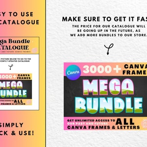 May include: A digital product listing for a Canva mega bundle with over 3000 frames and letters. The listing features a colorful graphic with the text "Canva 3000+ Frames Mega Bundle Get Unlimited Access to All Canva Frames & Letters".