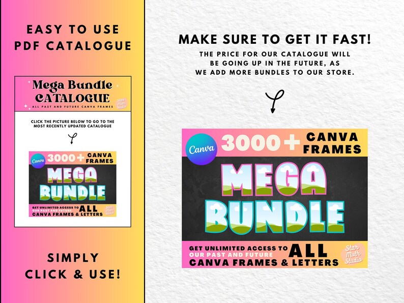 May include: A digital product listing for a Canva mega bundle with over 3000 frames and letters. The listing features a colorful graphic with the text "Canva 3000+ Frames Mega Bundle Get Unlimited Access to All Canva Frames & Letters".