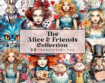 50 Alice in Wonderland PNG Watercolor Clipart Bundle, Watercolor Alice Mad Hatter White Rabbit Tea Party Illustration, Commercial Use