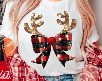 Coquette Christmas Bow Png, Reindeer Bow Png, Rudolf Bow Png, Christmas Sublimation, Christmas Shirt Design, Plaid Png, Antler Bow Png
