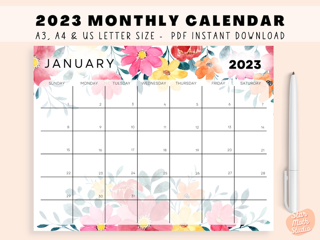 2023 Printable Calendar, 2023 Monthly Planner, Floral Calendar, Sunday
