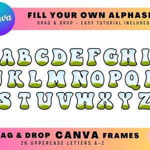 Puede incluir: Un conjunto de 26 letras may&uacute;sculas A-Z con un dise&ntilde;o de paisaje. Cada letra est&aacute; delineada en negro y rellena con un dise&ntilde;o verde, marr&oacute;n y azul. Las letras est&aacute;n dispuestas en tres filas. El texto "FILL YOUR OWN ALPHASET" est&aacute; en la parte superior de la imagen. El texto "DRAG & DROP CANVA FRAMES" est&aacute; en la parte inferior de la imagen.