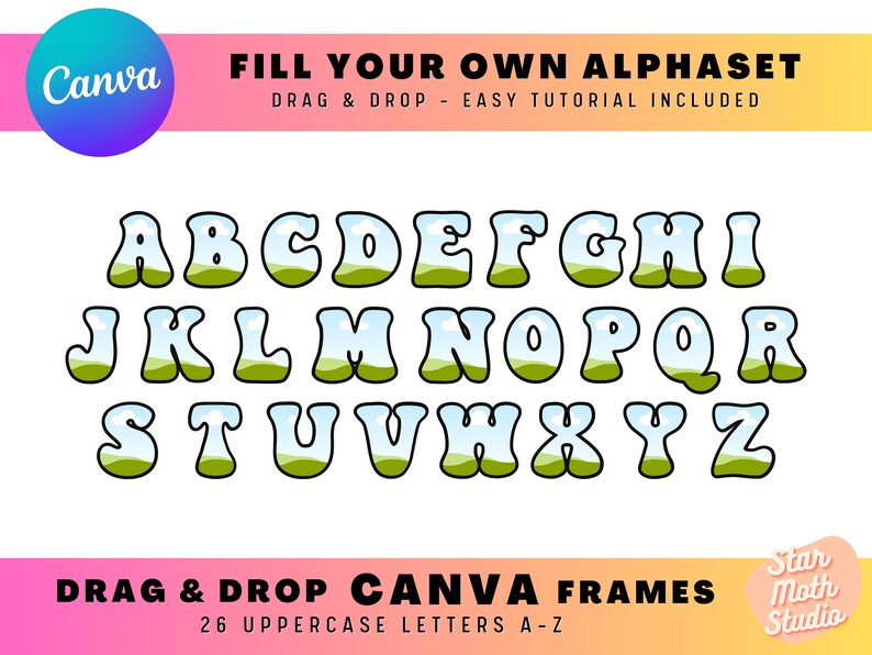 Puede incluir: Un conjunto de 26 letras may&uacute;sculas A-Z con un dise&ntilde;o de paisaje. Cada letra est&aacute; delineada en negro y rellena con un dise&ntilde;o verde, marr&oacute;n y azul. Las letras est&aacute;n dispuestas en tres filas. El texto "FILL YOUR OWN ALPHASET" est&aacute; en la parte superior de la imagen. El texto "DRAG & DROP CANVA FRAMES" est&aacute; en la parte inferior de la imagen.