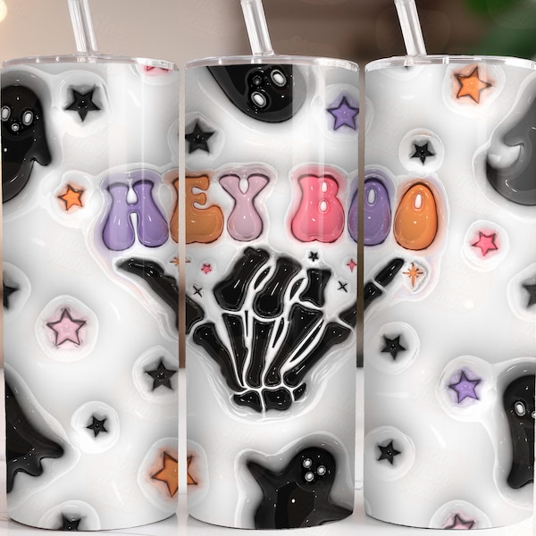 Inflated Hey Boo Spooky Tumbler Wrap PNG 3D Tumbler Design Sublimation Digital Download Cute Halloween Skeleton Ghosts 20oz Skinny Wrap