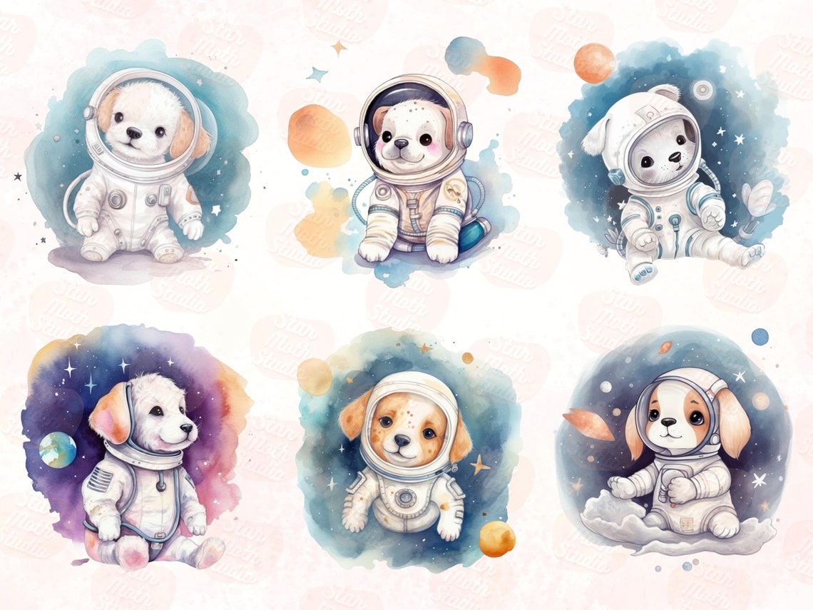 20 PNG Watercolor Adorable Space Astronaut Puppies Clipart Set, Fantasy ...