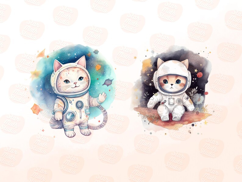 20 PNG Watercolor Adorable Space Astronaut Kittens Clipart Set, Fantasy ...