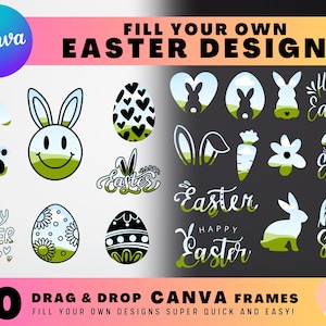 May include: A set of 20 Easter-themed design elements for Canva. The elements include bunnies, eggs, carrots, flowers, and text. The text includes "Happy Easter", "Hoppy Easter", "Easter", and "Hello Spring".