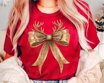 Coquette Christmas Bow Png, Reindeer Bow Png, Rustic Gold Christmas Sublimation, Christmas Shirt Design, Glitter Png, Bow with Antlers Png