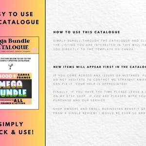 May include: A pink and yellow digital download product listing for a Canva mega bundle of 3000+ frames. The listing includes instructions on how to use the catalogue and information about new items being added first. The text "Easy to use PDF Catalogue" is at the top of the image.