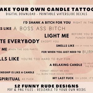 Make Your Own Candle Tattoos - Printable PDF PNG Print Files, Funny Rude Sayings, Waterslide Decals Sublimation, Decorate Candle DIY image 3