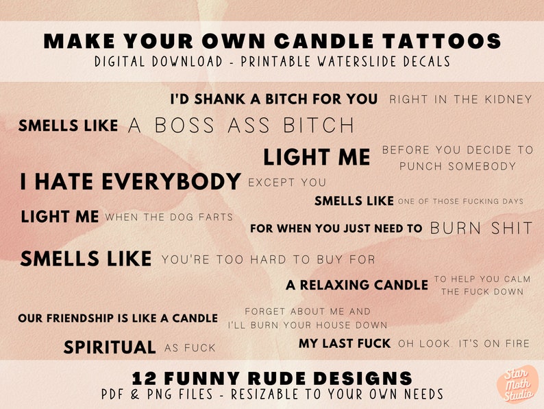 Make Your Own Candle Tattoos - Printable PDF PNG Print Files, Funny Rude Sayings, Waterslide Decals Sublimation, Decorate Candle DIY image 3