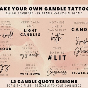 May include: Twelve printable candle tattoo designs with quotes about candles, coziness, and happiness. The designs are in black text on a pink background. The text includes phrases like "Keep Calm and Light Candles", "Nothing Like a Candlelit Bath", and "Happiness is Candles".
