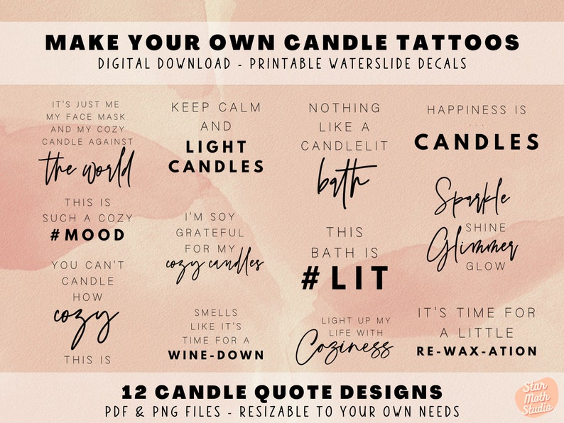 May include: Twelve printable candle tattoo designs with quotes about candles, coziness, and happiness. The designs are in black text on a pink background. The text includes phrases like "Keep Calm and Light Candles", "Nothing Like a Candlelit Bath", and "Happiness is Candles".