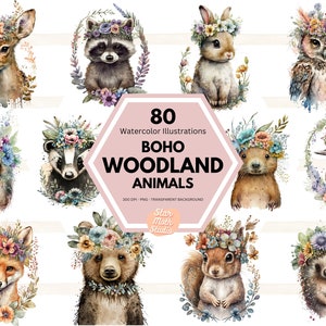 Floral Boho Woodland Animals Clipart, 80 Transparent PNG Files, Watercolor Illustration, Digital Download, Cute Boho Nursery Wall Art