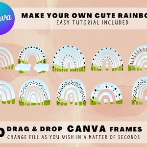 Fill Your Own RAINBOWS On CANVA, Editable Canva Frames Bundle, Set of 10 Boho Rainbows, Easy Drag and Drop Customizable Frames For Canva
