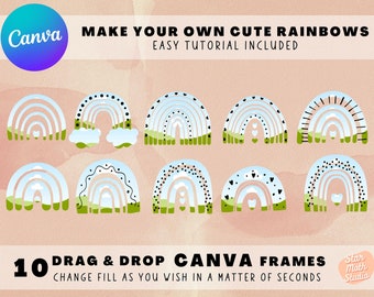May include: Ten digital frames featuring rainbow designs with different patterns and colours. The frames are designed for use in Canva and can be customised with different colours and patterns.
