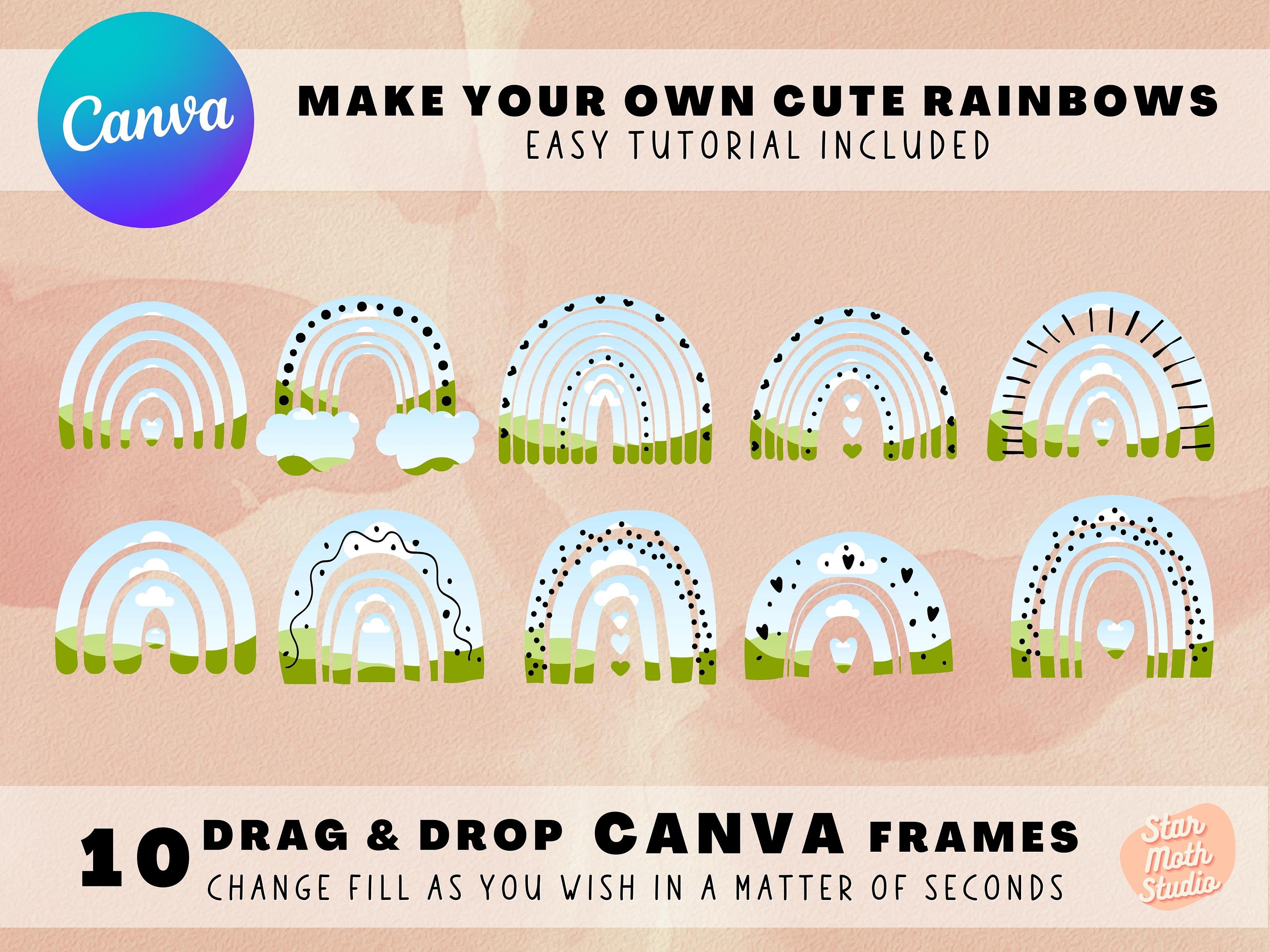 Riempi i tuoi ARCOBALENI su CANVA, pacchetto di cornici Canva modificabili, set di 10 arcobaleni Boho, cornici personalizzabili facili da trascinare e rilasciare per Canva