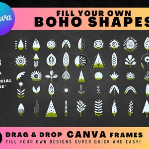 50 Boho Shapes CANVA FRAMES, Easy Drag and Drop Editable Canva Template Bundle, Create Your Own PNG Digital Design Elements
