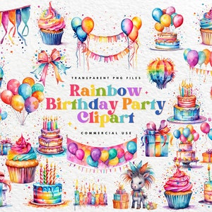 Watercolor Birthday Party Cake Present Balloons Clipart Bundle of 25, Transparent Background Digital Download PNG Graphics, Commercial Use