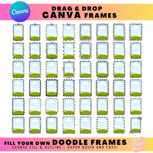Puede incluir: Una colección de marcos de Canva con varios bordes decorativos. Cada marco presenta un diseño de cielo y paisaje herboso. El texto en la parte superior dice "DRAG & DROP CANVA FRAMES". El texto inferior dice "FILL YOUR OWN DOODLE FRAMES - CHANGE FILL & OUTLINE - SUPER QUICK AND EASY!"