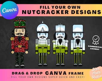Schiaccianoci di Natale CORNICI CANVA, pacchetto di modelli Canva modificabili con semplice trascinamento, crea i tuoi elementi di design digitale PNG