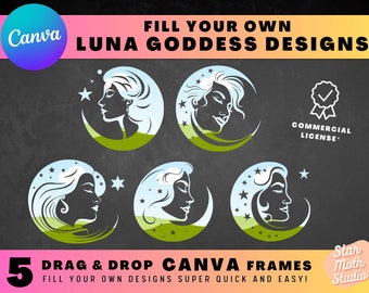Magical Luna Moon Goddess Woman CANVA FRAMES, Easy Drag and Drop Editable Canva Template Bundle, Create Your Own PNG Digital Design Elements