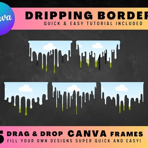 May include: 15 Canva frames with a dripping border design. The frames feature a blue sky with white clouds and green grass. The text "DRAG & DROP CANVA FRAMES" and "FILL YOUR OWN DESIGNS SUPER QUICK AND EASY!" is included in the image.