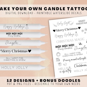 Haga sus propios tatuajes de velas - Archivos de impresión PDF PNG imprimibles, refranes de Navidad de invierno, sublimación de calcomanías de tobogán de agua, película de palo de vela DIY