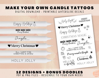 Make Your Own Candle Tattoos - Printable PDF PNG Print Files, Winter Christmas Sayings, Waterslide Decals Sublimation, Candle Stick Film DIY