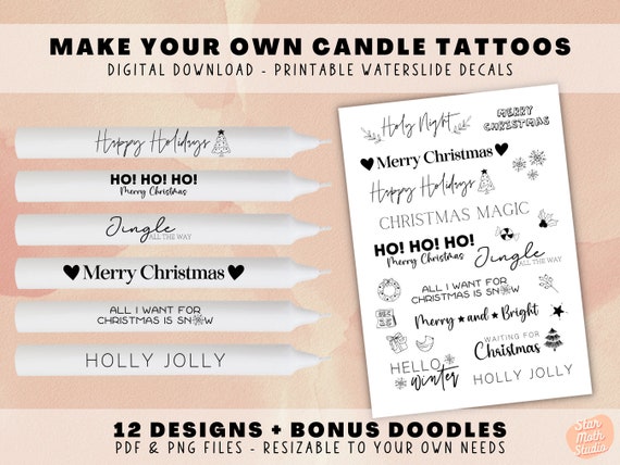 Make Your Own Candle Tattoos - Printable PDF PNG Print Files, Winter Christmas Sayings, Waterslide Decals Sublimation, Candle Stick Film DIY