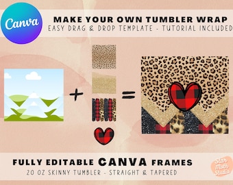 Crea le tue CONFEZIONI PER BICCHIERI su CANVA, telaio in tela per bicchieri sottili da 20 oz, modello di sublimazione drag and drop dritto e affusolato per Canva