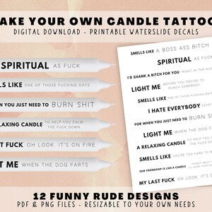 Make Your Own Candle Tattoos - Printable PDF PNG Print Files, Funny Rude Sayings, Waterslide Decals Sublimation, Decorate Candle DIY image 1