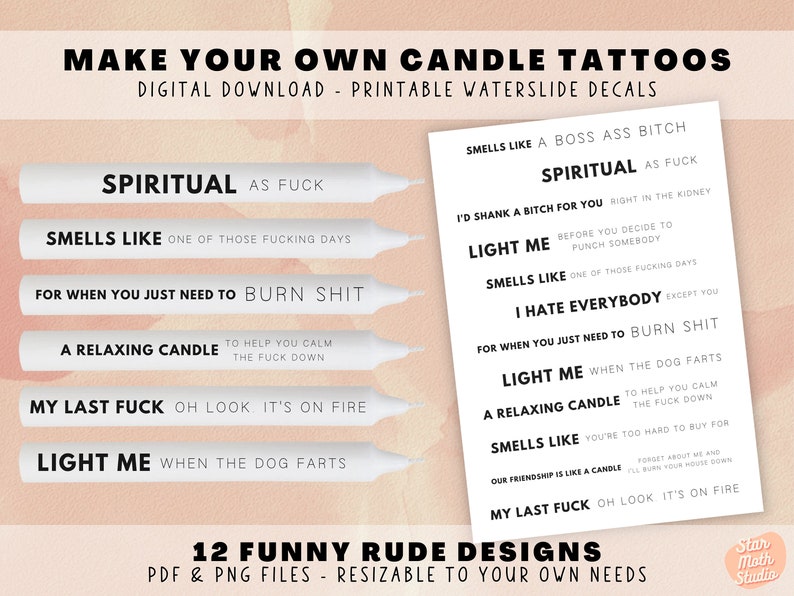 Make Your Own Candle Tattoos - Printable PDF PNG Print Files, Funny Rude Sayings, Waterslide Decals Sublimation, Decorate Candle DIY image 1