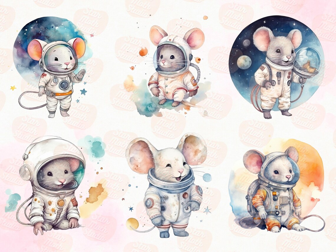 22 PNG Watercolor Adorable Space Astronaut Mice Clipart Set, Fantasy ...